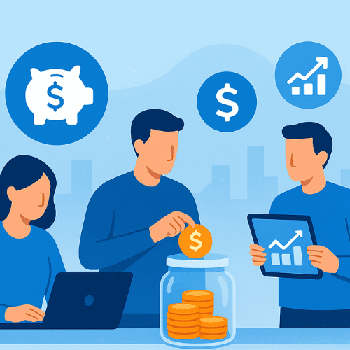 A diverse group of people learning and practicing personal finance, with visuals of budgeting, saving, investing, and financial protection icons around them.