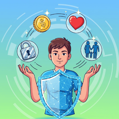 Illustration of a person holding a shield symbolizing financial protection, with floating icons for health, money, cyber security, and family, in a modern cartoon style.