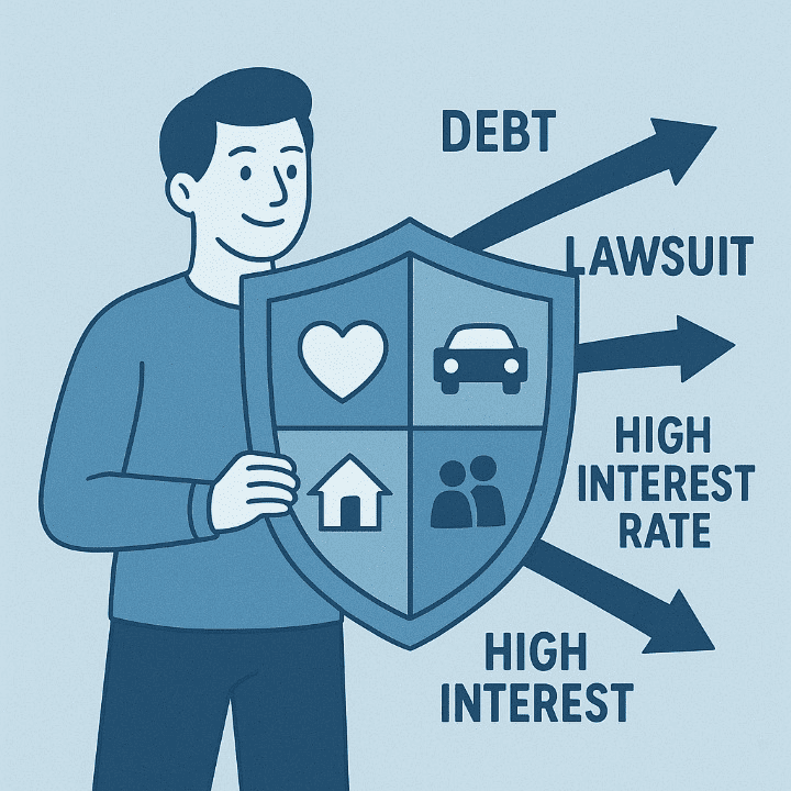 An illustrative drawing of a person holding a shield of protection. The shield is divided into four icons representing health, auto, home, and life insurance. It is warding off arrows labeled with financial risks, symbolizing how insurance protects against debt and loss.
