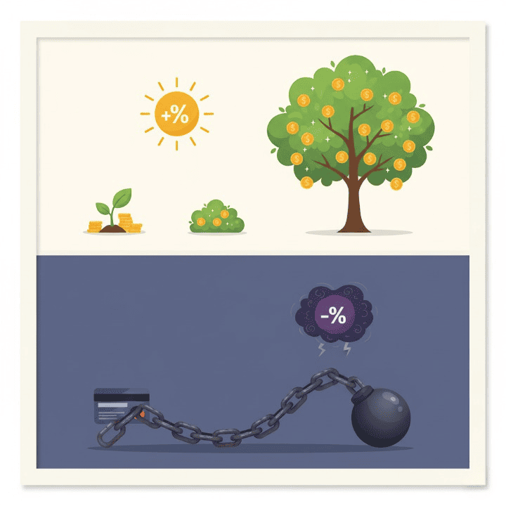 An illustrative, split-screen image showing the two sides of compound interest. The top half depicts a sapling growing into a tree with coin fruit, symbolizing positive growth. The bottom half depicts a chain attached to a credit card growing into a heavy burden, symbolizing the danger of compounding debt.