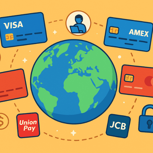 An illustrative image of global credit card networks, showing Visa, Mastercard, Amex, UnionPay, and JCB cards floating around a digital globe with online payment icons and security symbols. Represents international financial connectivity for freelancers and businesses.