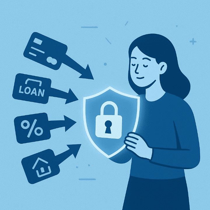 An illustrative drawing of a person holding a digital shield with a padlock icon, representing online security. The shield is protecting them from digital threats like credit card fraud and fake financing, symbolizing the importance of protecting one's credit from identity theft.