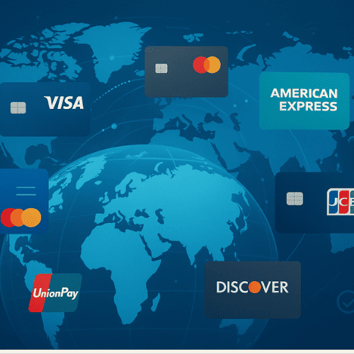 Global credit card networks including Visa, Mastercard, American Express, UnionPay, JCB, and Discover illustrated around a world map with digital payment icons.