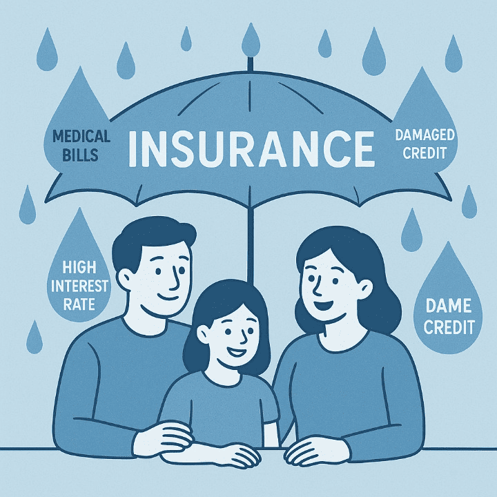 An illustrative drawing of a family protected from rain by a large umbrella labeled "Insurance." The raindrops symbolize financial threats like "Medical Bills" and "High Interest Rate," representing how insurance protects financial health and well-being.