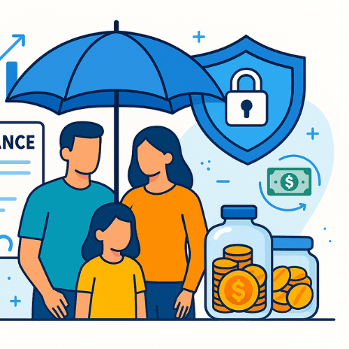 Illustration showing a family and a business protected under an umbrella with digital shields, climate and cyber icons, and visual elements representing parametric triggers and claims automation.