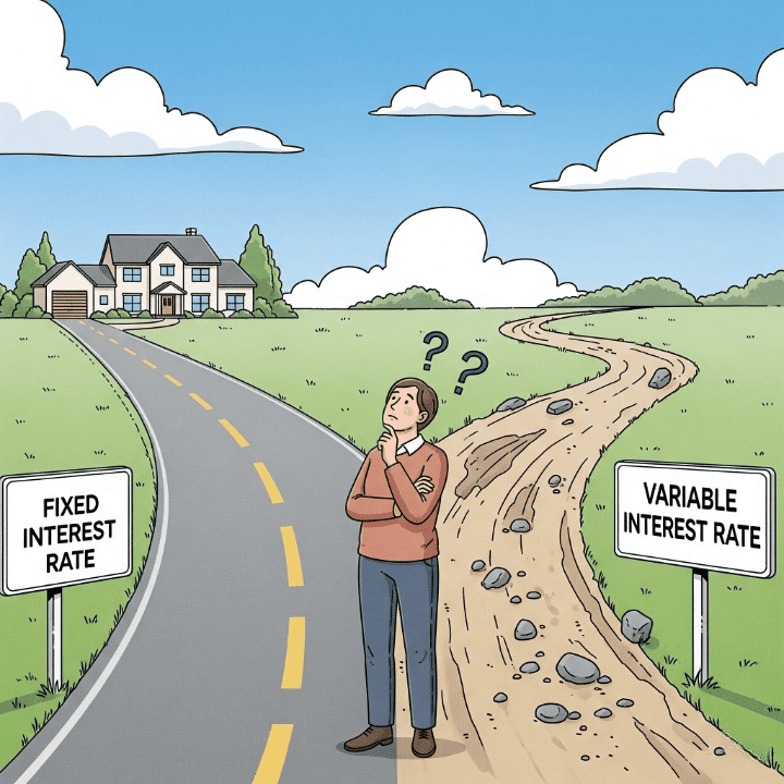 An illustrative drawing of a person at a crossroads choosing between two paths. One path is straight and labeled "Fixed Interest Rate," while the other is winding and labeled "Variable Interest Rate," symbolizing the choice in financing.