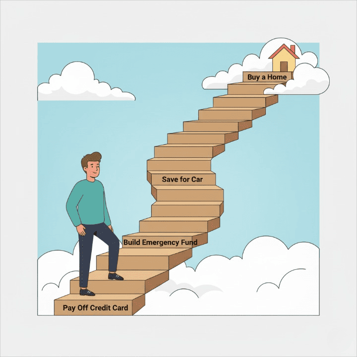An illustrative drawing of a person starting to climb a staircase of financial goals. The steps are labeled with milestones like "Pay Off Credit Card" and "Buy a Home," symbolizing the journey toward achieving financial security.