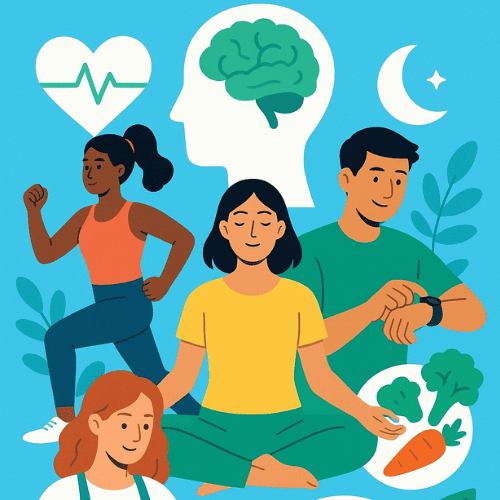 An illustrative scene of a diverse group of people engaging in activities promoting health and well-being, including exercising, meditating, preparing nutritious meals, and using wearable health devices. Visual elements highlight mental resilience, physical fitness, nutrition, and quality sleep. The clean, modern background conveys balance, vitality, and holistic wellness, representing comprehensive strategies for improving long-term health and daily life performance.