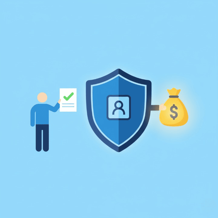 An illustration symbolizing the insurance claim process. A person gives a document to a shield, which in turn gives them a money bag, representing a successful and fair claim payout.