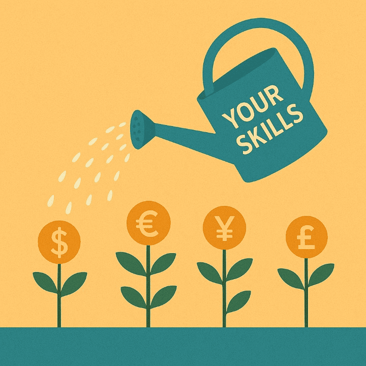 An illustration of a watering can labeled "Your Skills" watering several different plants with currency symbols. The image symbolizes the strategy of using your skills to create and grow multiple income streams.