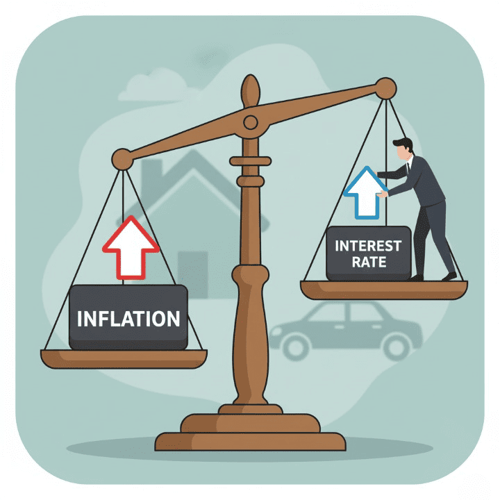 An illustrative drawing of a seesaw being balanced. A weight labeled "Inflation" is being counteracted by a weight labeled "Interest Rate," symbolizing how central banks use interest rates to control inflation and stabilize the economy.