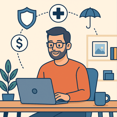 An illustration of a freelancer at a modern desk with a laptop, surrounded by icons symbolizing different types of insurance: a medical cross for health insurance, a shield for liability, a hand holding money for income protection, and a laptop with a lock for equipment security. The bright, cartoon style emphasizes financial protection for online workers.