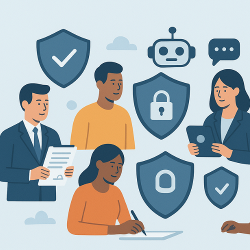 Illustration of modern insurance evolution combining traditional protection with digital innovations like AI, blockchain, and health data.