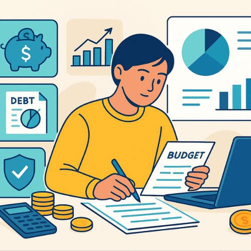 Illustration of a person managing personal finances using a laptop, charts, coins, and digital banking tools. Visual elements include savings, investments, and insurance, representing strategies for wealth building and financial stability.