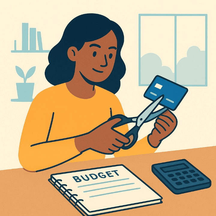 A square, illustrative drawing of a person at a desk taking control of their finances. They are cutting a credit card in half over a notebook with a budget, symbolizing a commitment to managing debt.