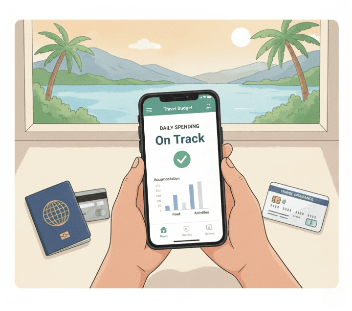 An illustrative drawing of a person holding a smartphone with a travel budget app on the screen. The scene includes a passport, credit card, and insurance card, symbolizing organized and smart financial management while traveling.