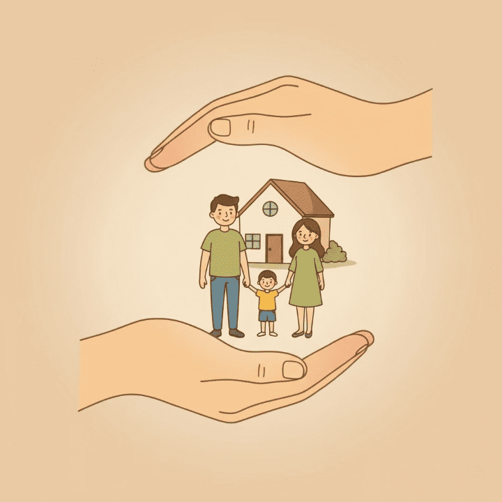 An illustrative drawing of a pair of large, protective hands forming a shield around a small family and their home. The image symbolizes how life insurance provides safety, security, and protection for a family's future.