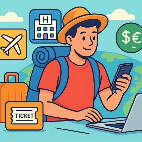 An illustration of a traveler managing finances on a smartphone and laptop. Surrounding icons represent travel expenses, flights, hotels, currency exchange, and budgeting charts. The colorful, cartoon-style image conveys efficient financial planning and smart money management while traveling.