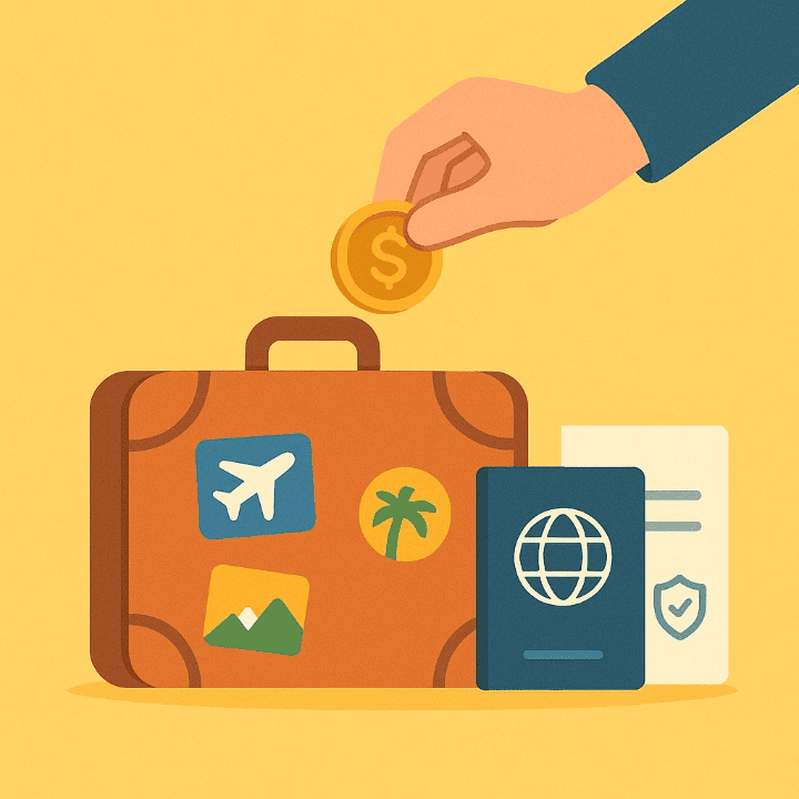 An illustrative drawing of a suitcase designed as a piggy bank, symbolizing saving for travel. Next to it are a passport and an insurance policy, representing the key elements of smart and protected travel planning.