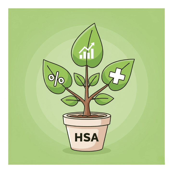 An illustrative drawing of a plant growing from a pot labeled "HSA." The plant has three distinct leaves with icons representing tax deductions, tax-free growth, and tax-free health spending, symbolizing the triple tax advantage of a Health Savings Account.