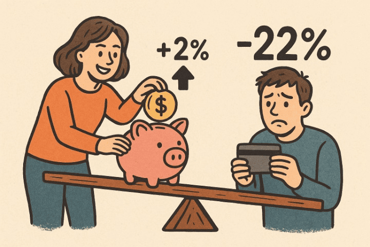 An illustrative drawing of a seesaw showing the two sides of interest rates. One side shows a happy person earning a positive interest rate on savings, while the other side shows a stressed person being weighed down by a negative interest rate from a credit card.