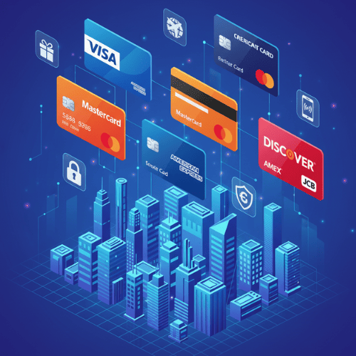 Illustration of global credit card networks and benefits, including rewards, travel, and digital payment features.