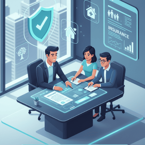 Financial planner reviewing insurance documents with clients, symbolizing the role of insurance in protecting income, assets, and long-term financial stability.