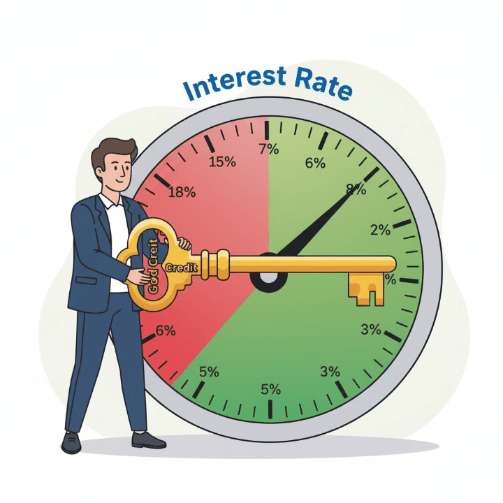 An illustrative drawing of a person using a key labeled "Good Credit" to turn down the needle on a large "Interest Rate" dial. The image symbolizes how a good credit score can unlock a lower interest rate on financing.