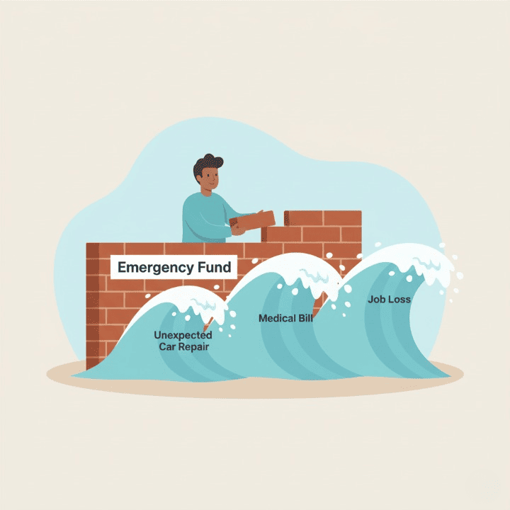 An illustrative drawing of a person building a brick wall labeled "Emergency Fund" to protect themselves from waves representing financial emergencies like "Medical Bill" and "Job Loss." The image symbolizes financial protection and security.