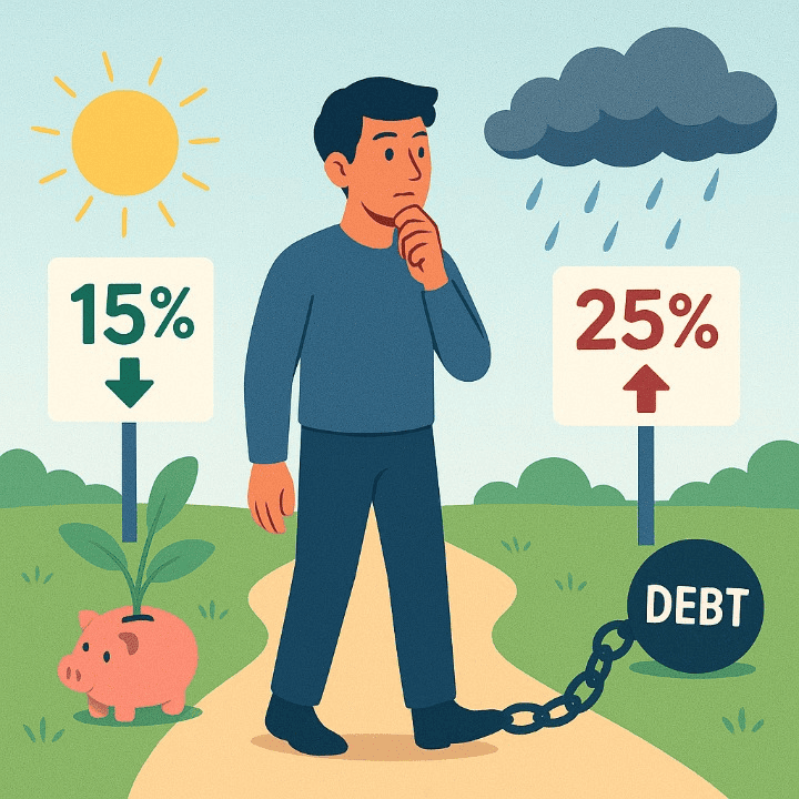 An illustrative drawing showing a person choosing between two paths representing credit card choices. One path, marked with a low interest rate, leads to financial health symbols. The other, marked with a high interest rate, leads to symbols of debt, illustrating the importance of making an informed decision.
