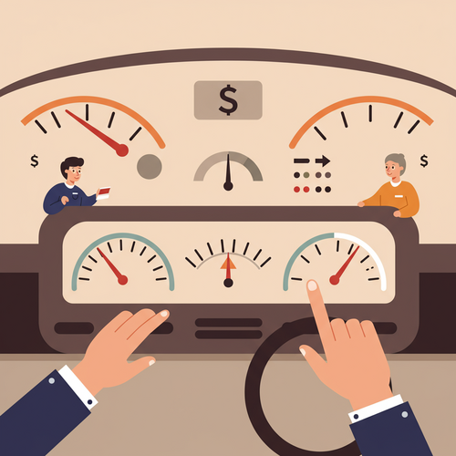 Cartoon illustration in flat design showing a metaphorical car dashboard with dials indicating various high factors affecting auto insurance premiums, and a hand adjusting them.