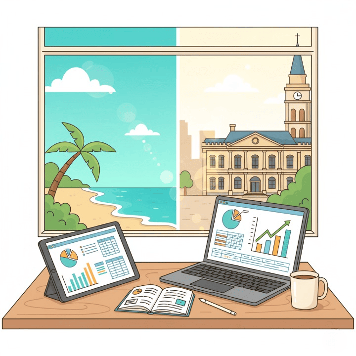A financial planner reviewing investment charts on a tablet, with blurred luxury travel destinations in the background, symbolizing financial planning for dream vacations.