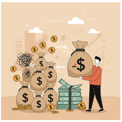 Flat design illustration of a person consolidating scattered, high-interest debt bags into one manageable, lower-interest personal loan bag, representing the best personal loans for debt consolidation.