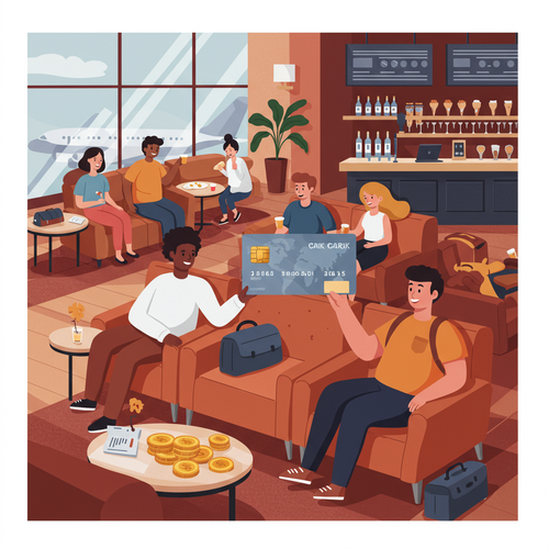 Flat design illustration of diverse travelers enjoying a luxurious airport lounge, showcasing the comfort and amenities provided by the best premium travel credit cards for airport lounge access 2026.