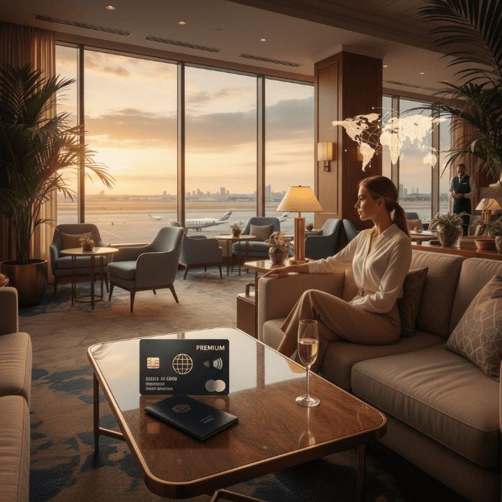 A person holding a premium credit card, looking out over a stunning travel destination or enjoying a luxury travel experience like a private lounge or high-end hotel.