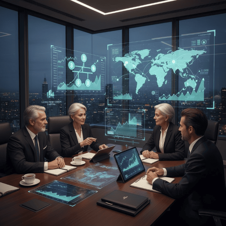 High-net-worth individuals engaged in strategic discussions on advanced generational wealth building, with financial charts and global market indicators.
