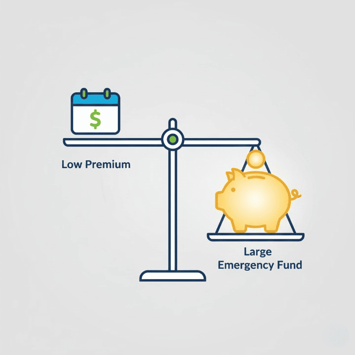 An illustration of a balance scale, with a low premium being balanced by a large emergency fund. The image symbolizes the strategic decision of choosing a high insurance deductible to lower your monthly costs.