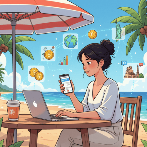 Digital nomads managing finances on laptops and smartphones, surrounded by global currency icons, travel charts, and destination symbols.