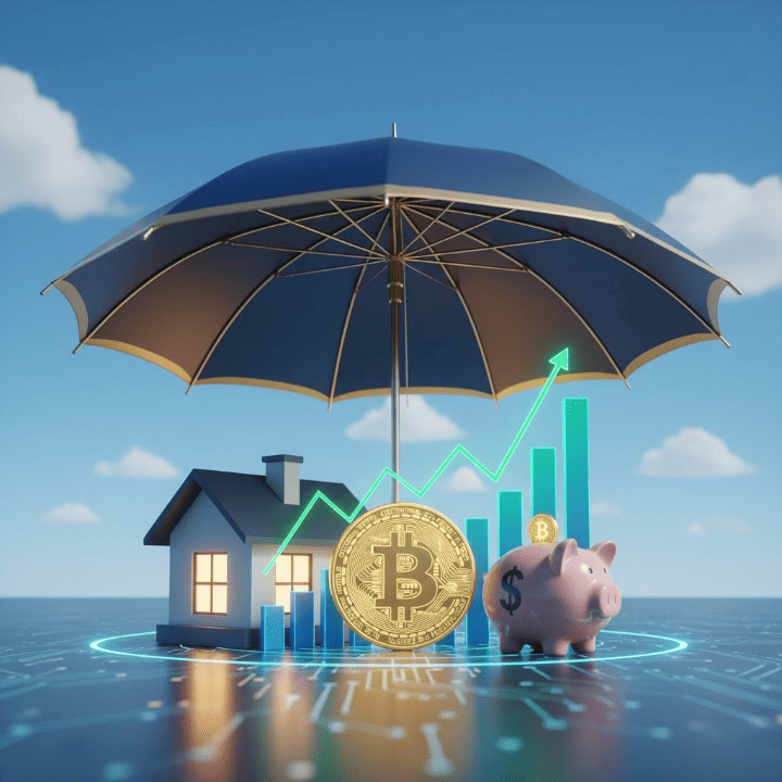 A protective umbrella covering various financial assets like a home, investment charts, cryptocurrency, and a retirement fund, symbolizing robust wealth protection.