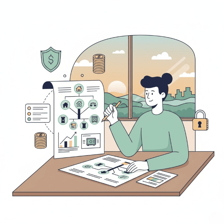 An image depicting the careful planning and creation of a trust fund, with documents and financial symbols.
