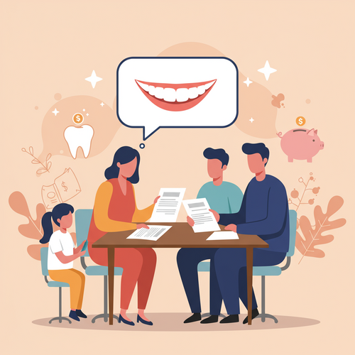 A flat design illustration showing a family reviewing financial documents, with a thought bubble above them depicting a healthy, bright smile, representing how to finance expensive dental work and achieve financial wellness.