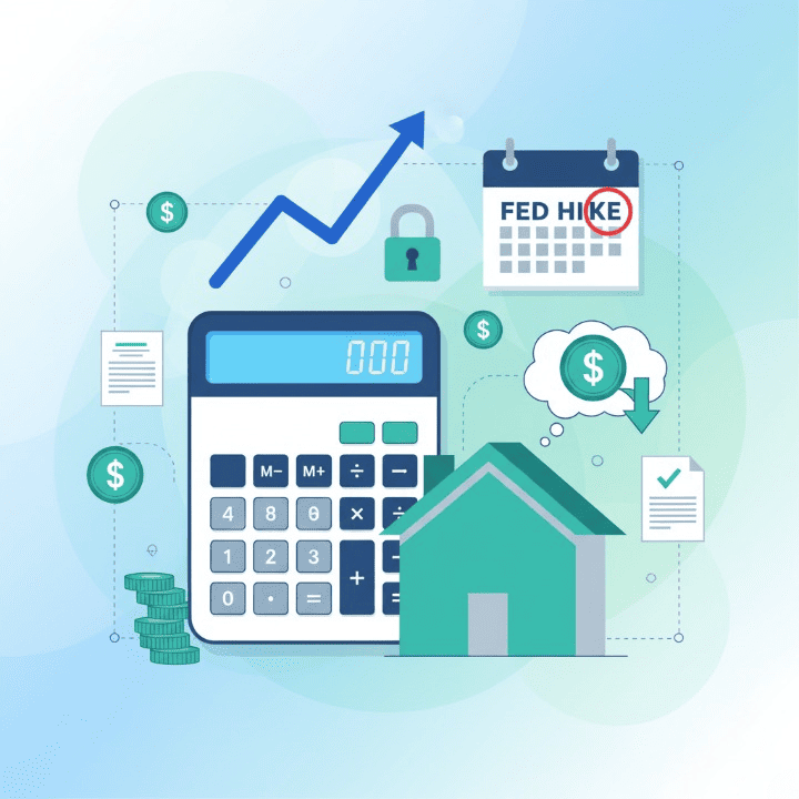 A detailed illustration of mortgage refinancing, including a home icon, a calculator, a rising graph indicating financial growth, and a calendar marking a future Fed interest rate hike, all set against a background of financial documents, emphasizing strategic financial planning.