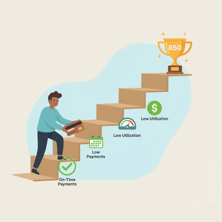 An illustration symbolizing how to build credit. A person uses a credit card as a building block on a staircase of good financial habits, leading up to a trophy representing a high credit score.