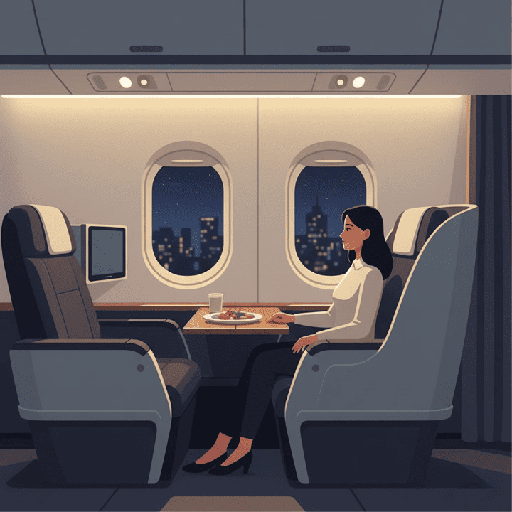 Person enjoying a luxurious business class flight, highlighting comfort and premium travel.