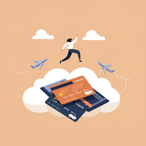 A flat design illustration featuring a character joyfully resting on a cloud composed of credit cards, with stylized business class airplanes flying in the background, illustrating how to use credit card points to book business class flights.