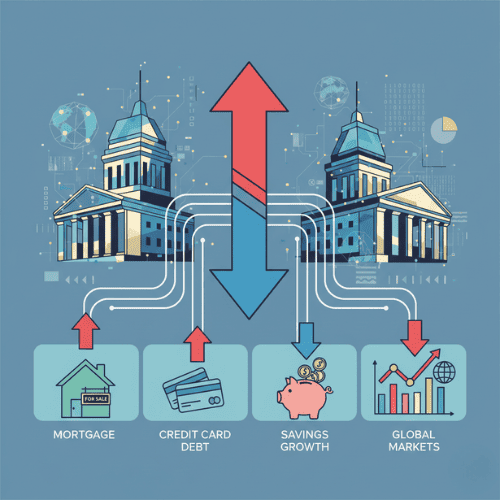 Illustration of interest rates affecting mortgages, savings, credit cards, and global markets with arrows and financial symbols.