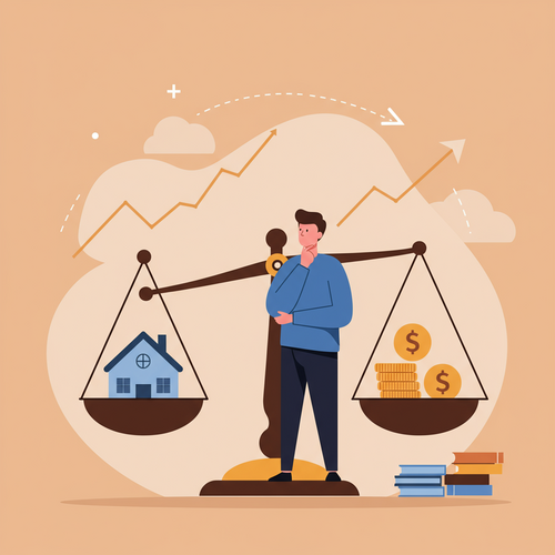 A flat design illustration of a person weighing options on a scale, symbolizing the decision to refinance a mortgage. One side of the scale has an older house icon, representing the current mortgage, and the other side has a downward arrow and money bags, representing lower mortgage refinance rates. The background shows subtle financial graph lines.