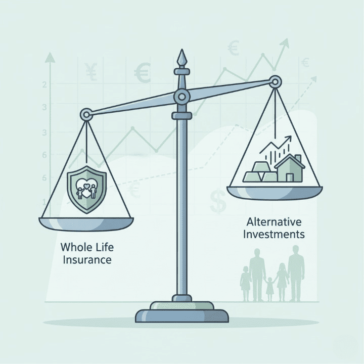 A balance scale weighing whole life insurance against other investment options, symbolizing a financial decision.