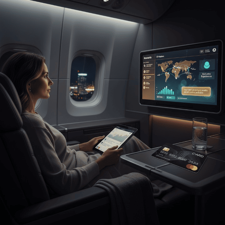 An elite traveler enjoying a spacious first-class seat on an airplane, symbolizing luxury travel achieved through smart financial hacking and strategic use of rewards.