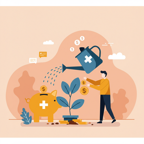 Flat design illustration of a person watering a plant shaped like a piggy bank with a cross symbol, representing health savings growing into an investment. The background is simple and clean, in warm earth tones and soft blues. The style is cartoonish with friendly characters.
